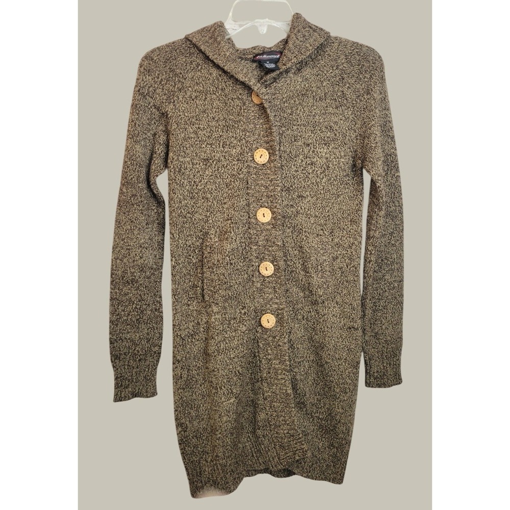 VTG Takeout Hooded Cardigan Sweater Boho Longline Button Marl Brown Womens M